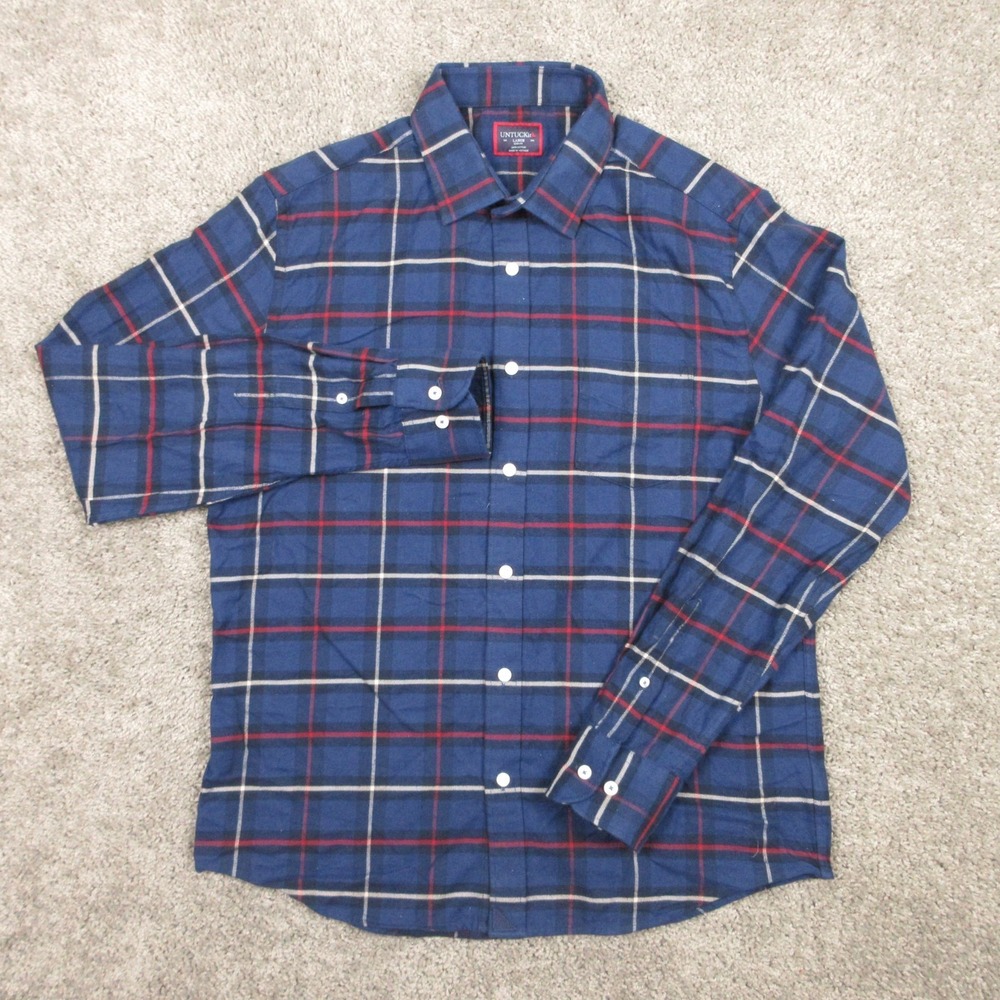 Untuckit Shirt Mens Large Blue Plaid Slim Fit Andes Twill Flannel Button Up EUC